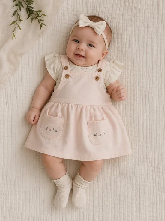 Carter's Baby Girl 2-Piece Outfit Pink Jumper Dress Bunny Pocket Bodysuit 3M