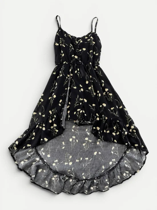 Art Class Girls Black Daisy Floral High-Low Romper – Size S 6/6X