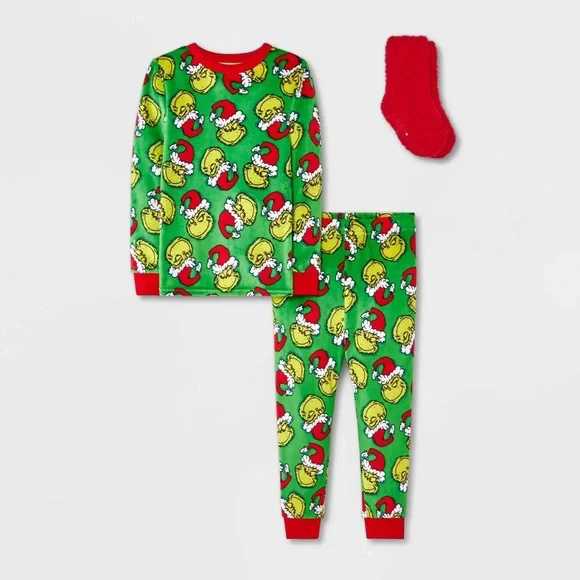 Toddler nwt 2pc Grinch Snuggly Soft Pajama Set with Socks - Green 2T