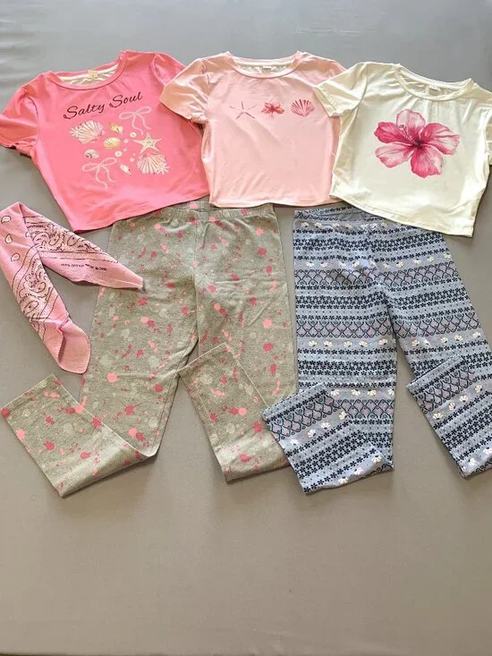 6 Piece Girls Leggings & Shirt Bundle 3 Pink/White Tees Size 13 Leggings Size 14