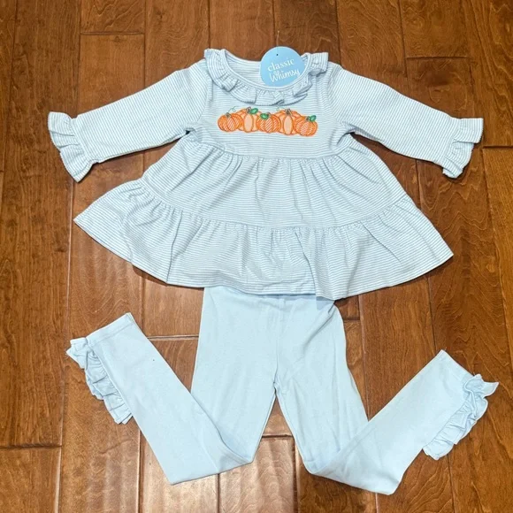 NWT Size 6 Classic Whimsy Blue Stripped Pumpkin Legging Set