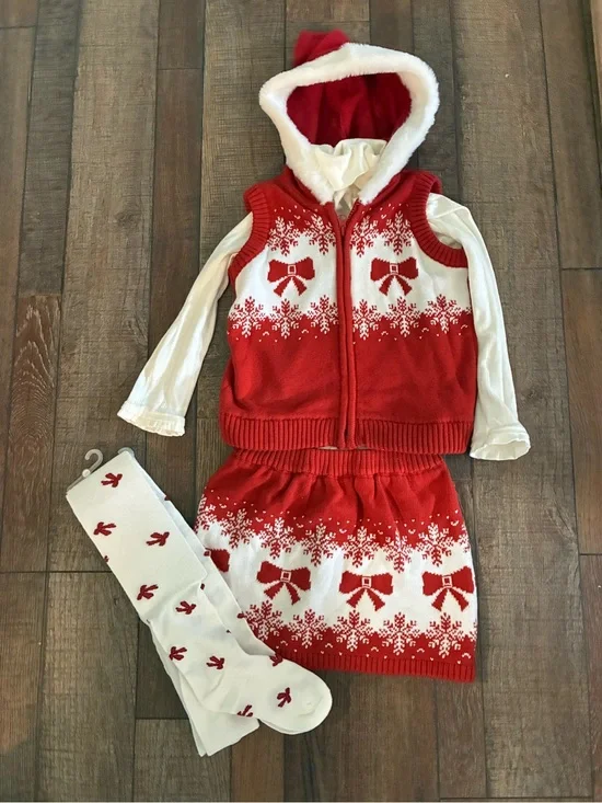 Gymboree sz 6 Red & White Festive Bow Knit Hoodie Vest and Skirt Set like new!