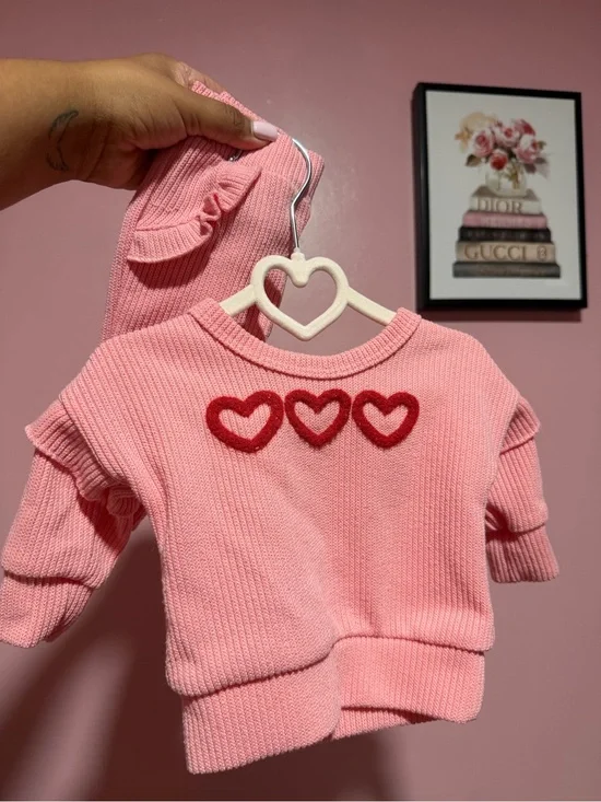 Pink Knit Baby Sweater with Red Heart Appliqués