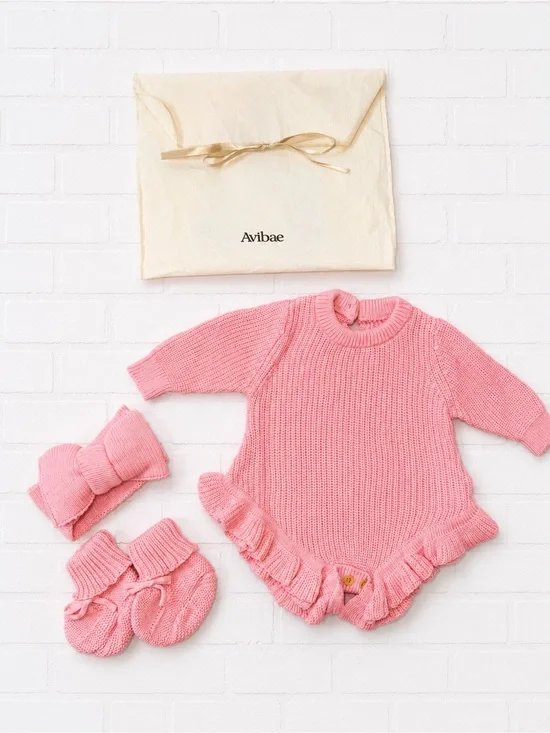 Avibae Pink Knit Baby Romper with Matching Hat & Booties