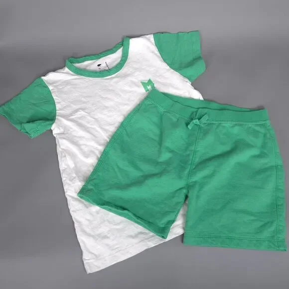MONICA + ANDY Kids Boys Outfit Set 10 Green White‎ Organic Cotton Shirt Shorts