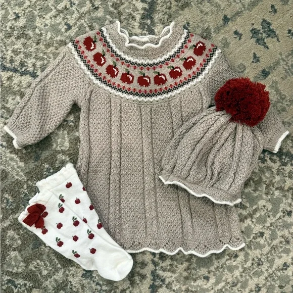 Tahari Taupe Knit Baby Dress with Red Apple Pattern