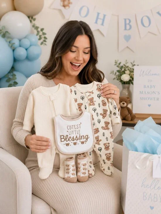 NWT Baby Essentials Baby Gift Set 2 Footed Sleepers Bib & Bear Socks Neutral