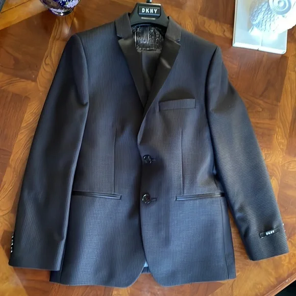 DKNY Boys Black Textured Two-Button tuxedo and pants