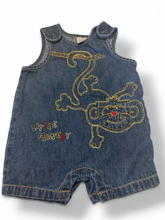 Vintage Little Monkey Denim Romper 90s Baby 3-6m Embroidered 100% Cotton