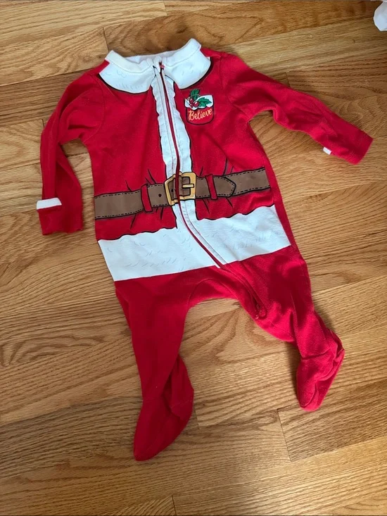 Old Navy Red Santa Belt Holiday Footed One-Piece 0-3M