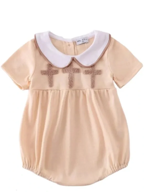 Abby & Evie Hand Stitched French Knot Cross Bubble Tan NWT Size 18 months