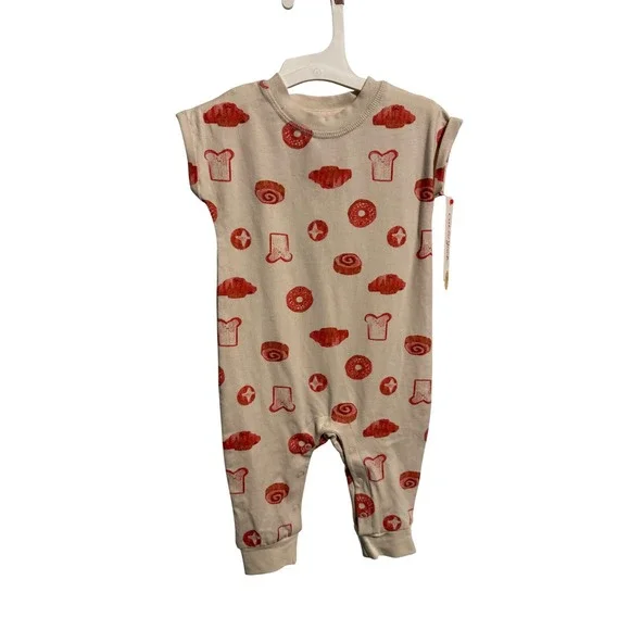 Cat & Jack Baby Breakfast Pastry Print Romper Beige Red 3-6M NWT