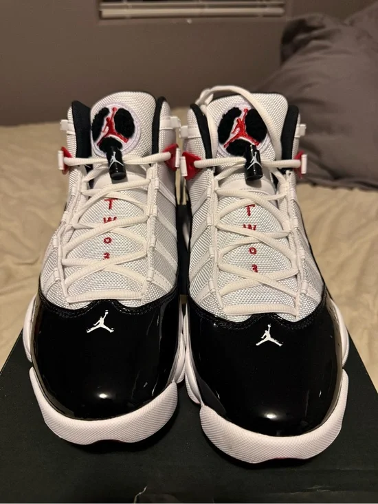 Jordan 6 Rings : White Black Red Leather-Trim Basketball Sneakers
