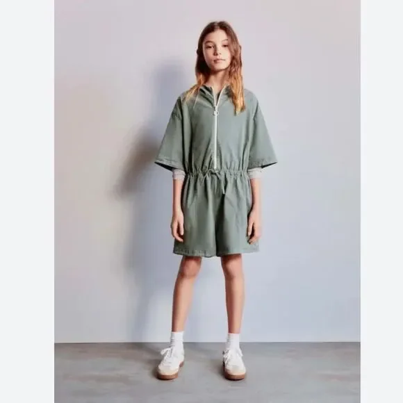 NEW Zara Girls Green Front Zip Short Sleeve Hooded One Piece Romper Size 13-14