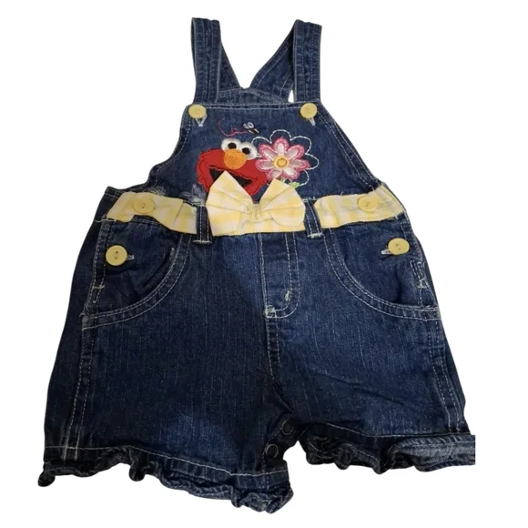Vintage Sesame Street Denim Shortalls Overalls Size 12M