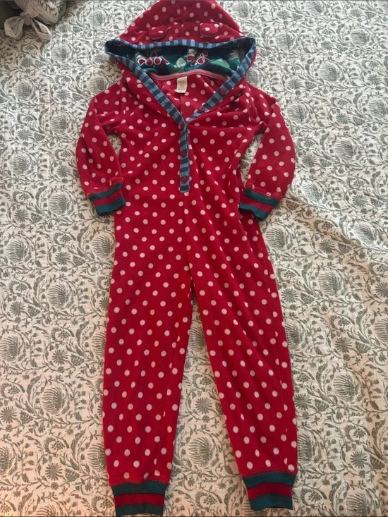 Matilda Jane Red and White Polka Dot Hooded Fleece with Blue Trim