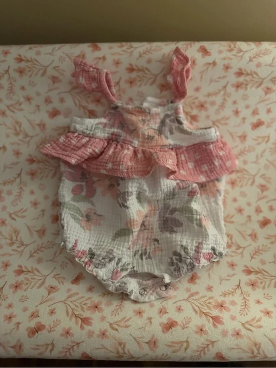 Floral Ruffle Baby Romper in Pink and Cream
