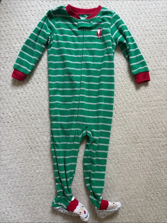 Carter’s Green Stripe One-Piece Pajamas with Santa Feet, Size 2t