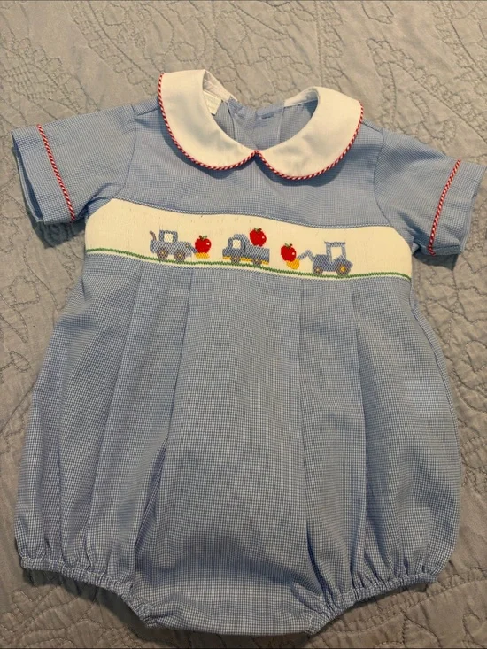 Edgehill Collection Light Blue Smocked Tractor Apple One-Piece