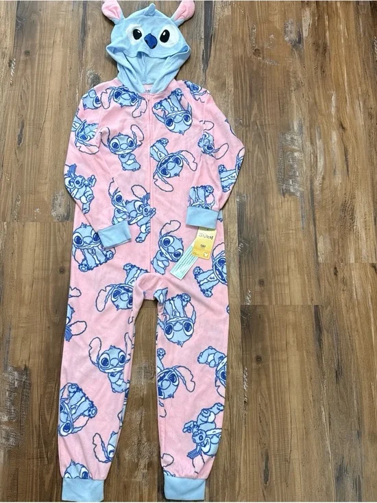 Disney Pink & Light Blue Stitch Fleece Hooded Kids One-Piece Pajamas