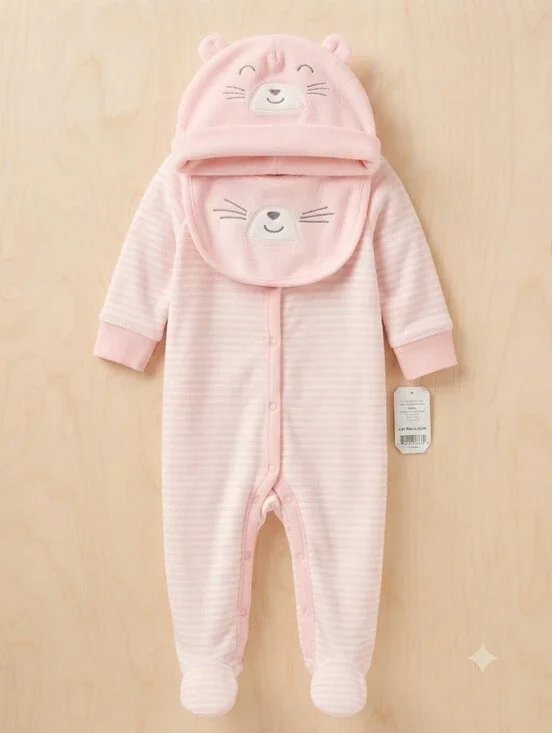 Carter's Pink 9M NWT Striped Infant Footed One-Piece with Matching Hat/Bib