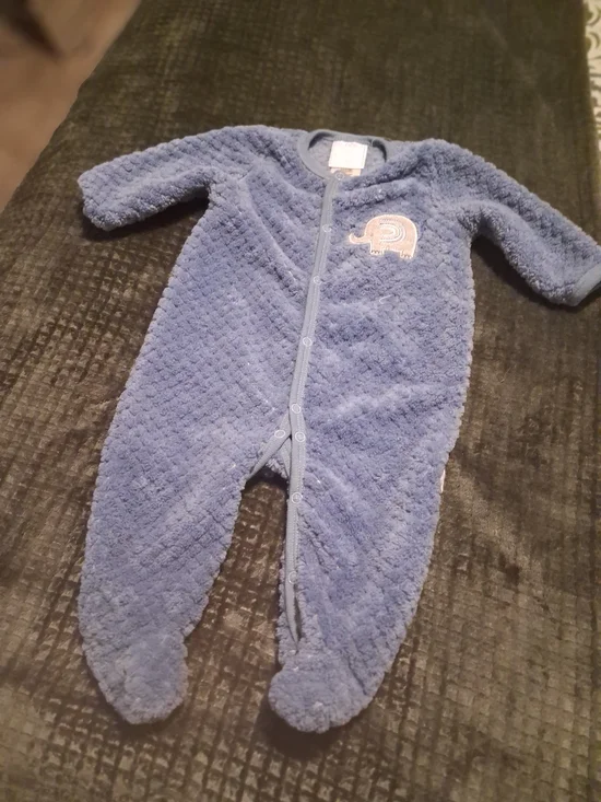 Plush Blue Baby One-Piece Footed Romper with Elephant Patch