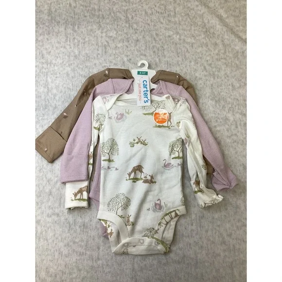 Carters Just One You Baby Girls 3M Long Sleeve Bodysuit 3-Pk Woodland Floral NEW