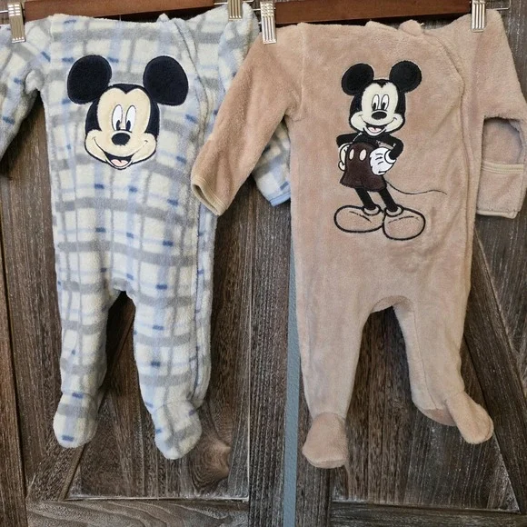 Disney Baby Rompers Size 0/3 Months Tan & Blue Plaid Lot of 2‎ Mickey Mouse