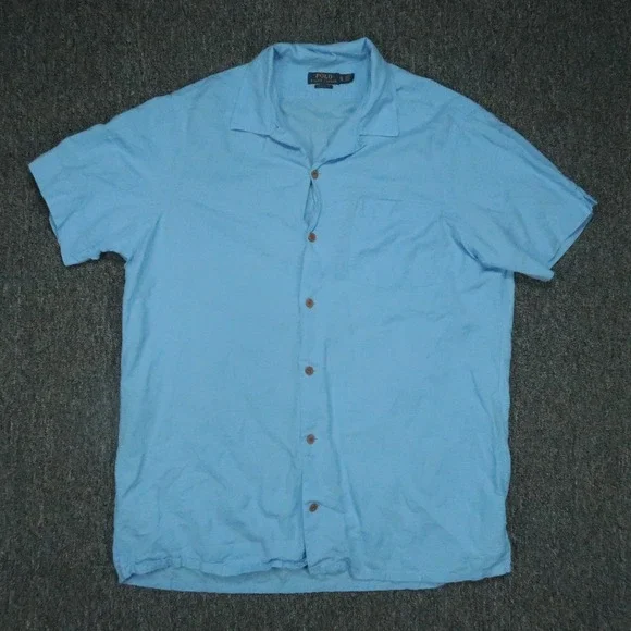 Polo Ralph Lauren Shirt‎ Mens XL Blue Short Sleeve Linen Classic Fit Camp Collar