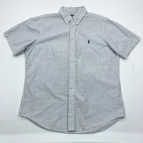 Polo Ralph Lauren Mens Large Blue White Tattersall Check Short Sleeve Shirt L