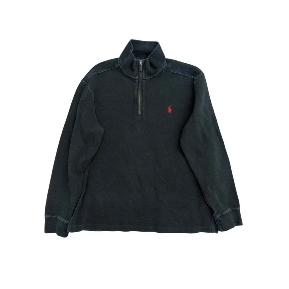 Polo Ralph Lauren Mens Large Black Cotton Quarter Zip Pullover Sweater Red Pony