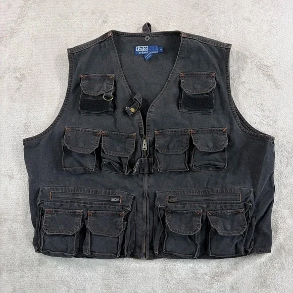 Vintage 90s 80s Polo Ralph Lauren Hunting Utility Vest in Charcoal Denim Men XL