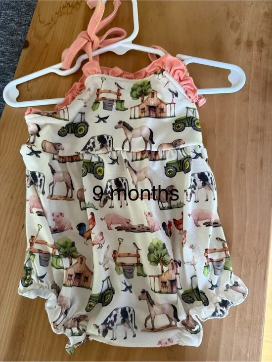 Farm Animal Print Baby One-Piece Romper - Pink Trim