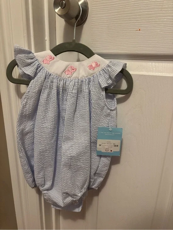 NWT Blue Seersucker Baby Girls Romper with Pink Embroidery Elephants