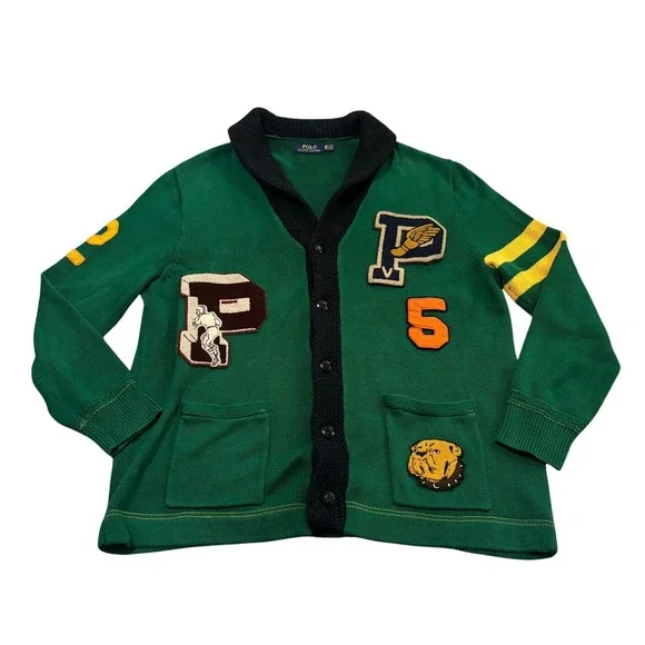 Polo Ralph Lauren Men Green Varsity‎ Patch Shawl Cardigan Sweater 1XB Big & Tall