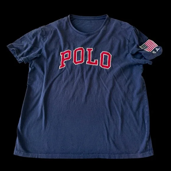 Polo Ralph Lauren Mens Navy Blue USA Flag Patch Graphic T-Shirt Preppy - Large‎