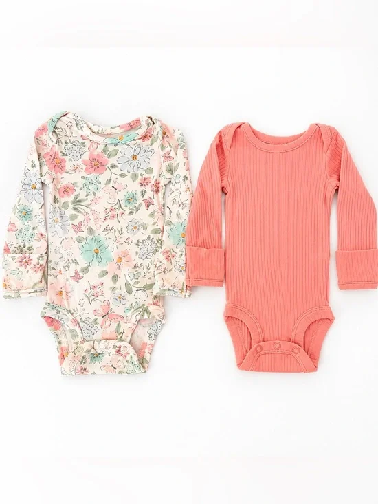 Carter's Floral Cream and Coral Ribbed Long-Sleeve Baby Bodysuit Set - 2-Pack