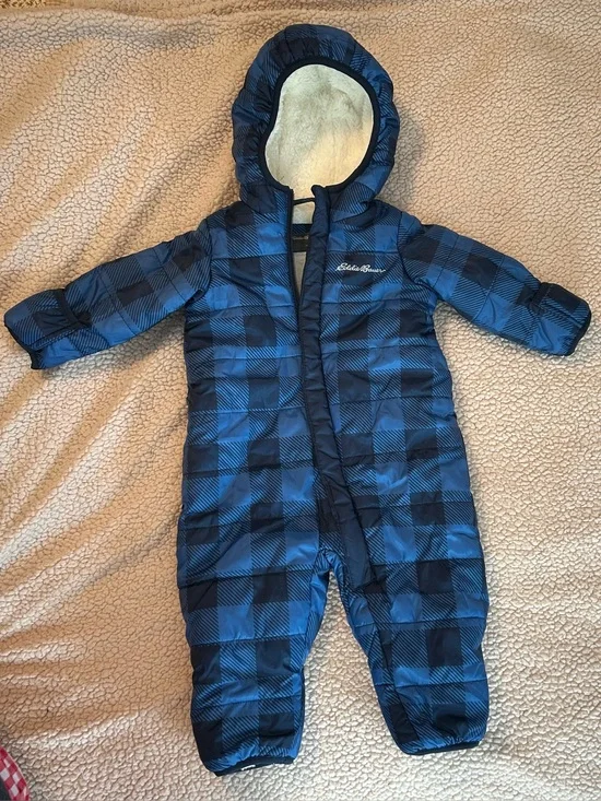 Eddie Bauer baby snowsuit blue and black plaid fullzip with sherpalined hood 3/6