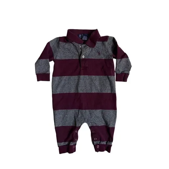 Polo Ralph Lauren Striped Cotton Jersey Rugby Coverall (Maroon & Grey) - Small