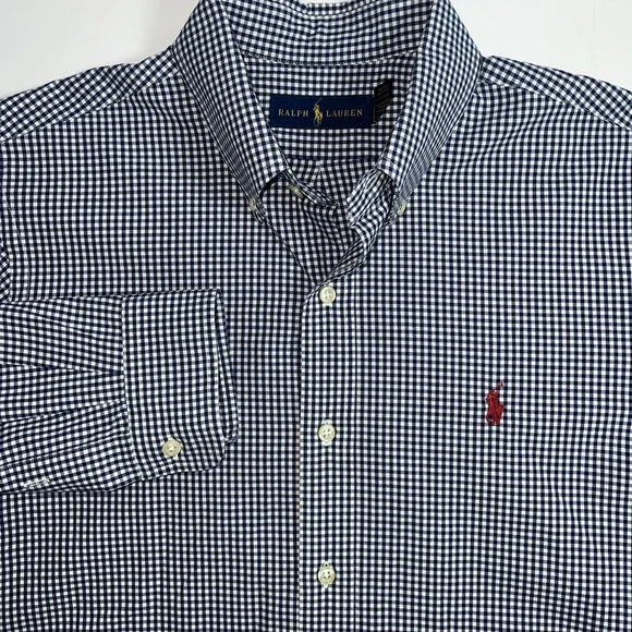 Ralph Lauren Mens‎ Size Medium Blue Gingham Button-Down Shirt Cotton Red Logo