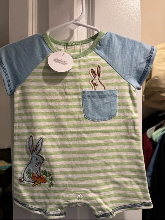 Mud Pie Striped Green & White Baby Romper with Blue Pocket and Bunny Applique