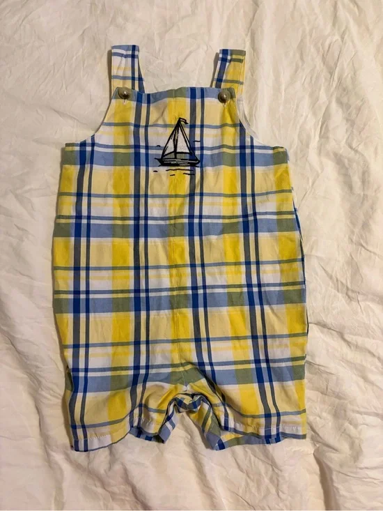Yellow & Blue Plaid Baby Romper with Sailboat