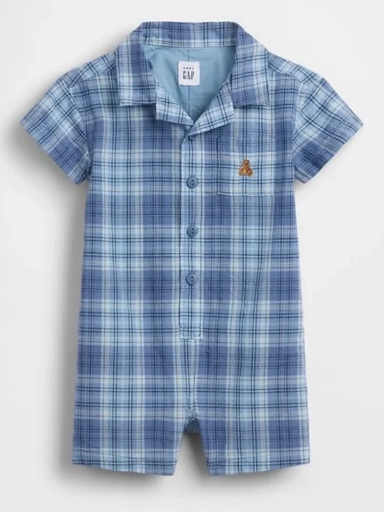 GAP Light and Navy Blue Plaid Short Sleeve Romper