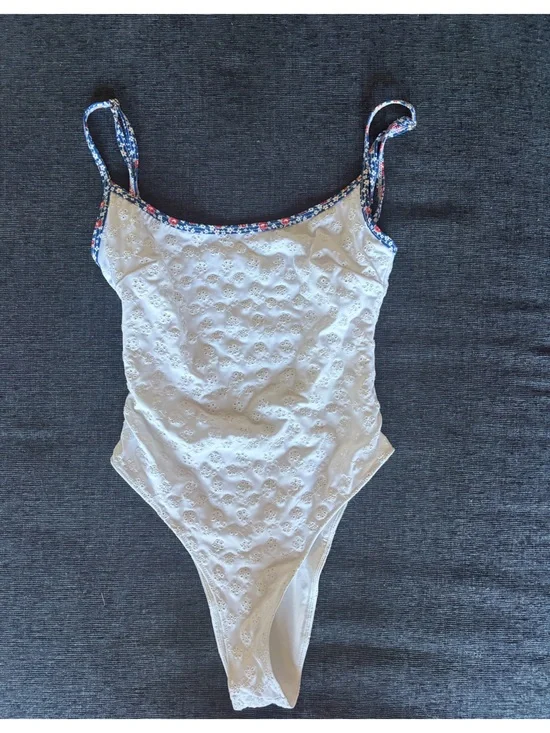 Frankie's Bikinis White Eyelet One-Piece with Blue Floral Trim