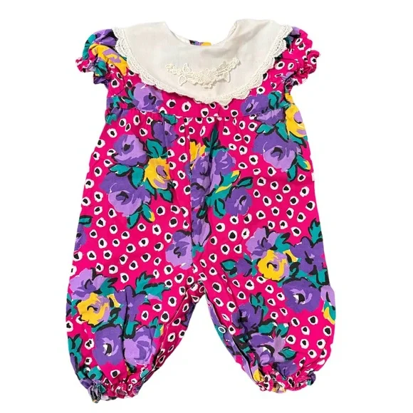Vintage‎ JoLene Dress Pink Polkadot Floral Jumpsuit Cottagecore USA Size 6/9M