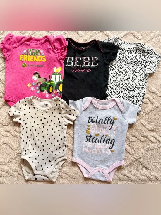 Baby Girl 3-6M Onesie Bundle - Short Sleeve Bodysuits Bebe John Deere, Lot Of 5