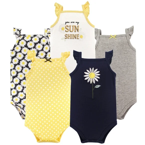 NWT Hudson Baby Navy and Yellow Daisy Bodysuit Set 100% Cotton 5pc 0-3M