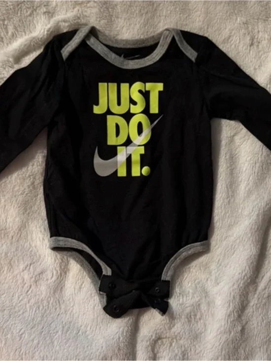 Nike Black Long-Sleeve Baby One-Piece with Neon Yellow 'Just Do It'