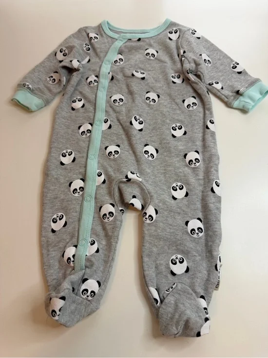 Cherokee Gray Panda Print Footed One-Piece with Mint Trim