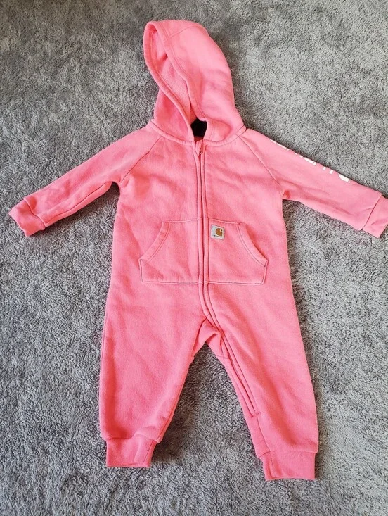 Carhartt Pink Hooded Unisex Baby 6M Zip-Up One-Piece Romper